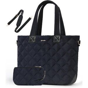 Womens Black Puffer Shoulder Tote Quilted Work Bag Laptop Sleeve Compartment